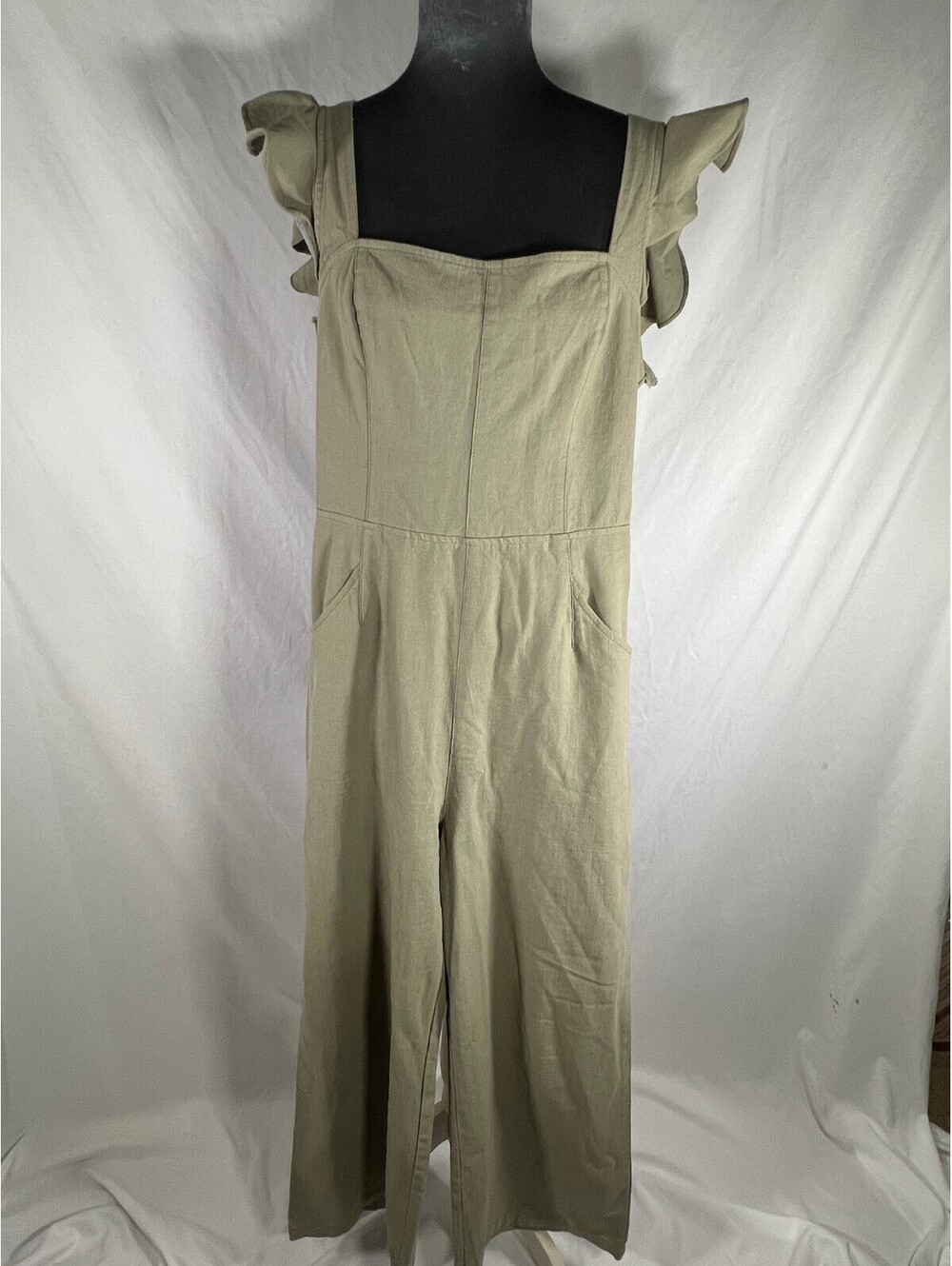 Mustard Seed Size L Olive Green Cotton Ruffle Open Back Wide Leg Jumpsuit